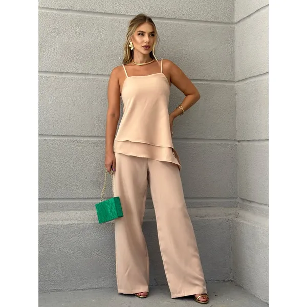 EMILI Conjunto Tunica Calça Pantalona e Blusa Regata Bata/Alcinha Regualar/Pantalona/ Ziper e Botões/ Bata Fenda - S783