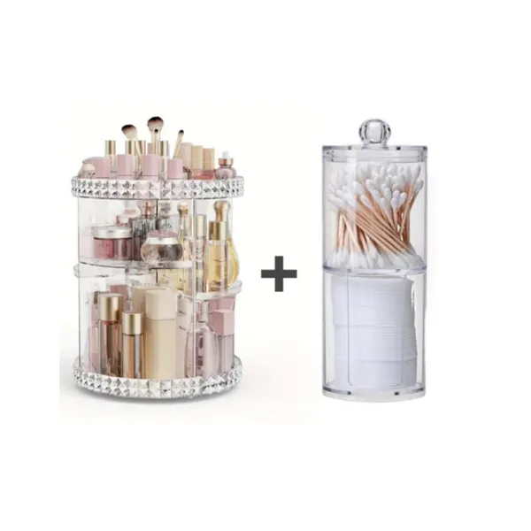 Kit Organizador Cosmético Maquiagem Acrílico Giratório 360º + Organizador Acrílico Porta Algodão E Cotonete 2 Em 1