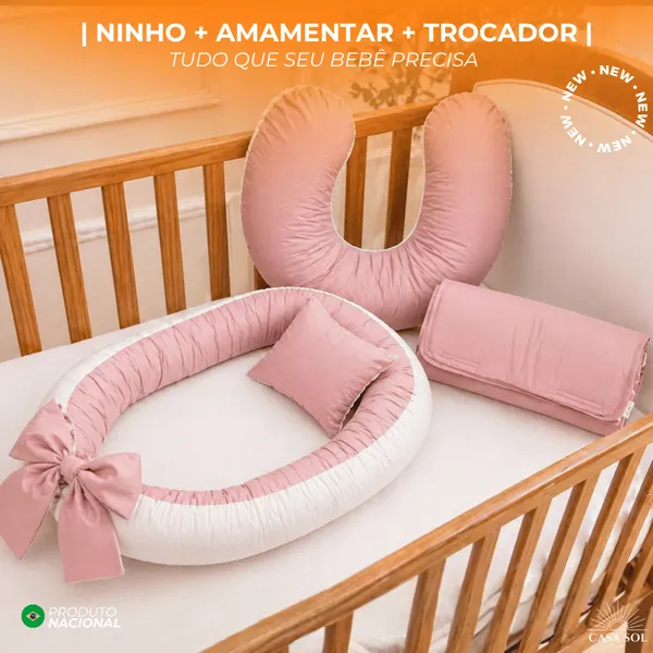KIT BEBÊ NINHO REDUTOR + ALMOFADA AMAMENTAÇÃO + TROCADOR PORTÁTIL DE BEBE CORES LISAS