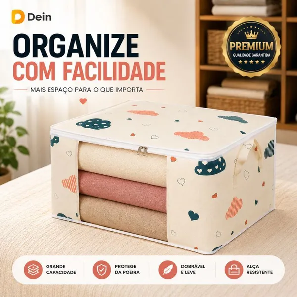 Caixa Organizadora Grande 60x40x30cm Dobrável Saco para Roupas Edredom Cobertor Bege Cinza