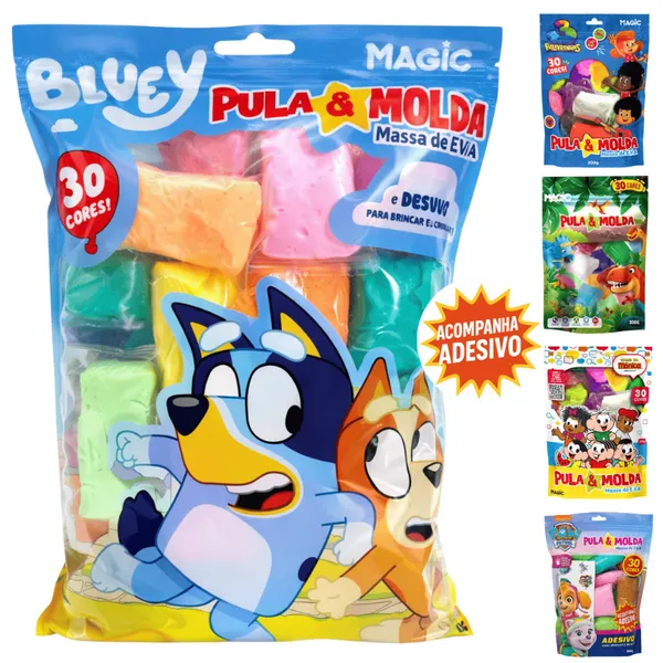 Massa de EVA Pula e Molda 30 Cores 300gr Dinossauro, Patrulha, 3 Palavrinhas, Turma da Mônica Bluey