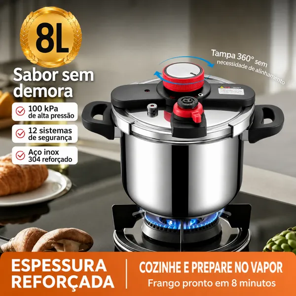 Panela de Pressão Aço Inox Fundo Triplo Pro Indução e Gás 4-8L Fechamento Externo