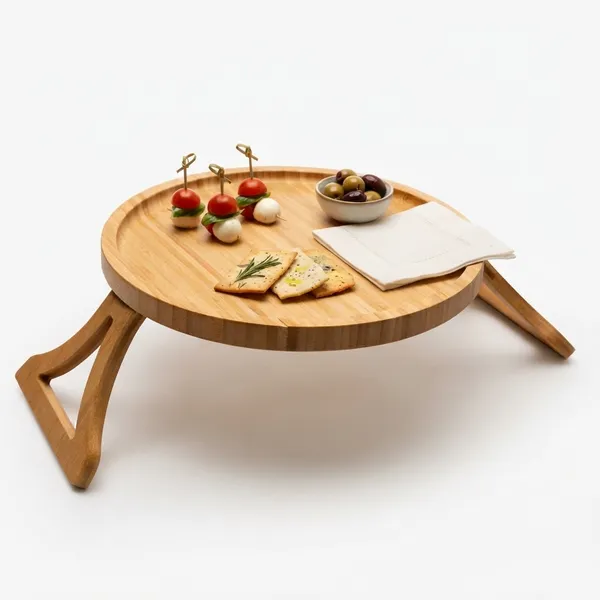 Bandeja Lyor de Bambu Dobrável para Braço de Sofá 25cm Suporte Flexível para Copos e Pratos na Sala Prática e Resistente
