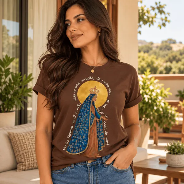 Camiseta Nossa Senhora Aparecida Feminina Católica Religiosa Gospel Marrom Algodão Casual Fé Cristã Baby Look