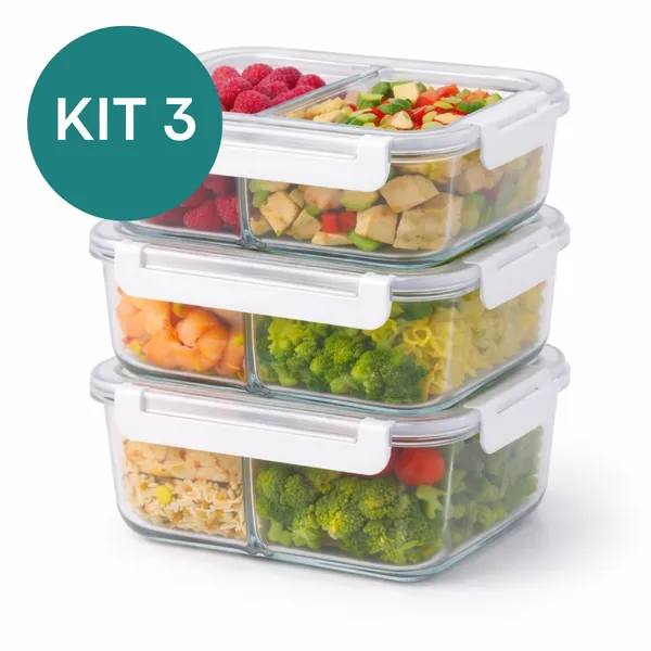 Kit 3 Potes 1040ml Refratário de Vidro com Divisória e Trava Marmita Fitness Forno Microondas