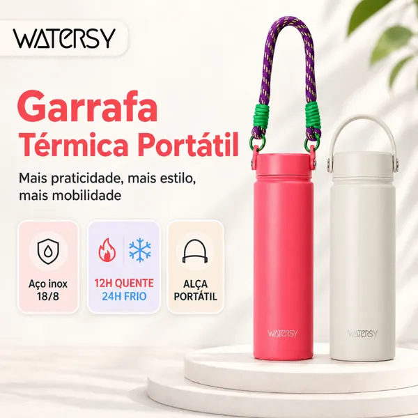 Watersy Garrafa Térmica Portátil 532ml Aço Inox Sem BPA para Viagem e Trabalho