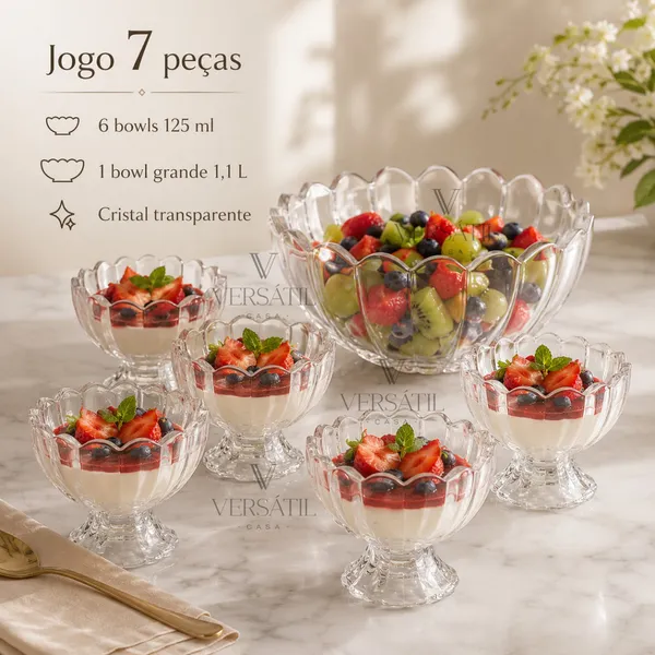Jogo 7 Peças Wolff Sobremesa 6 Bowls 125ml e 1,1L Mesa Posta Requintada Transparente Luxo Geneva Taças
