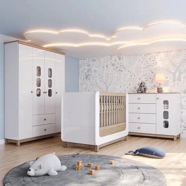 Conjunto Quarto de Bebê Berço 2 em 1, Guarda-Roupa e Cômoda Sophia Espresso Móveis Branco/Jequitiba