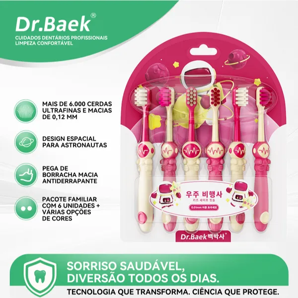 Dr.Baek Kit Escova de Dente Infantil, 6un, 6000+ Cerdas Macias, 3 - 12 Anos