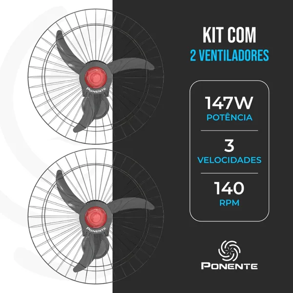 Kit 2 Ventiladores de Parede Ponente Good 60cm 147W Oscilante Econômico Procel A com Chave CCV Alta Potência