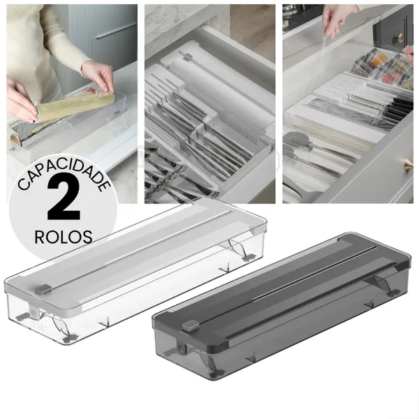 Organizador de Rolos Duplo e Cortador de Plástico Filme Papel Alumínio Manteiga Ou 37cm x 12cm