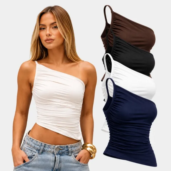 Blusa Feminina Regata de Alça Fina Manga Única Plissada Drapeada Suplex Duplo Blogueira Tendencia