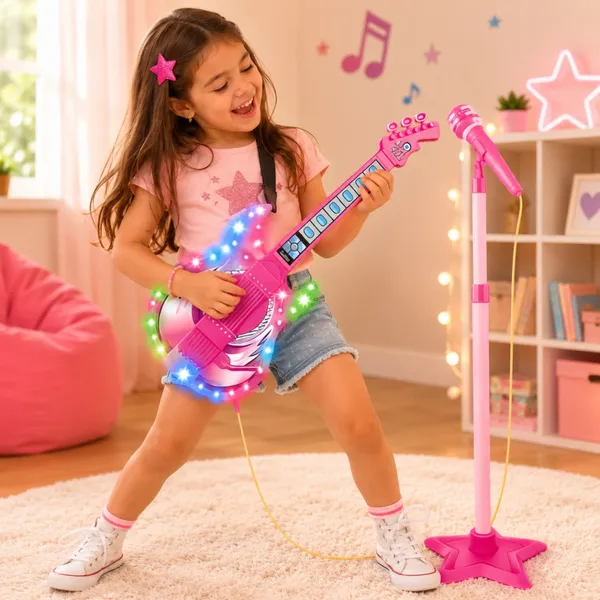 Brinquedo Guitarra Musical Com Luz e Som Microfone Pedestal Infantil Para Crianças - Castela
