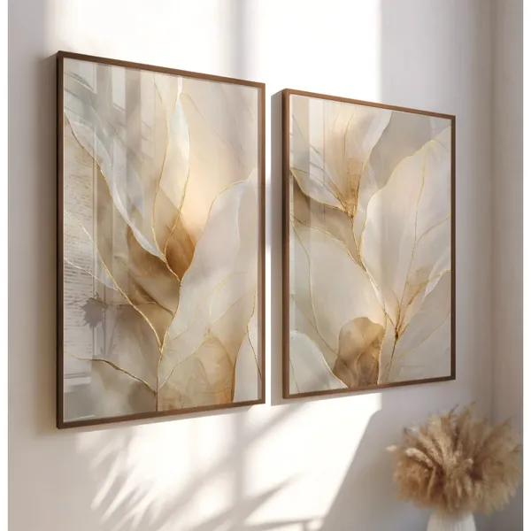 Kit Quadros Modernos Decorativos Para Sala Quadro Folhagem Com Moldura Quadro Abstrato Dourado Bege
