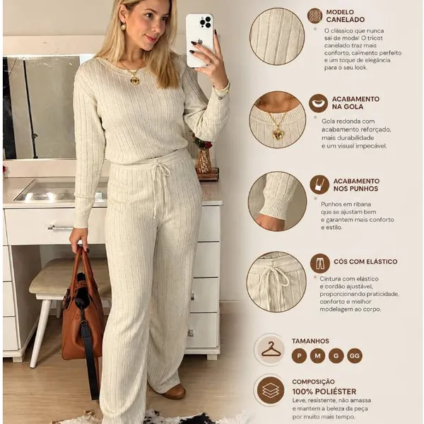 Conjunto Feminino de Tricot Modelo Canelado Blusa Calça Pantalona com Cordão Do P ao Plus size em Malha Canelada