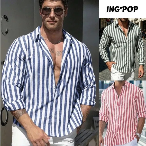 Camisa Social Masculina Casual Manga Longa Bloco de Cores Verão Com Listras E Linho Gola Botão