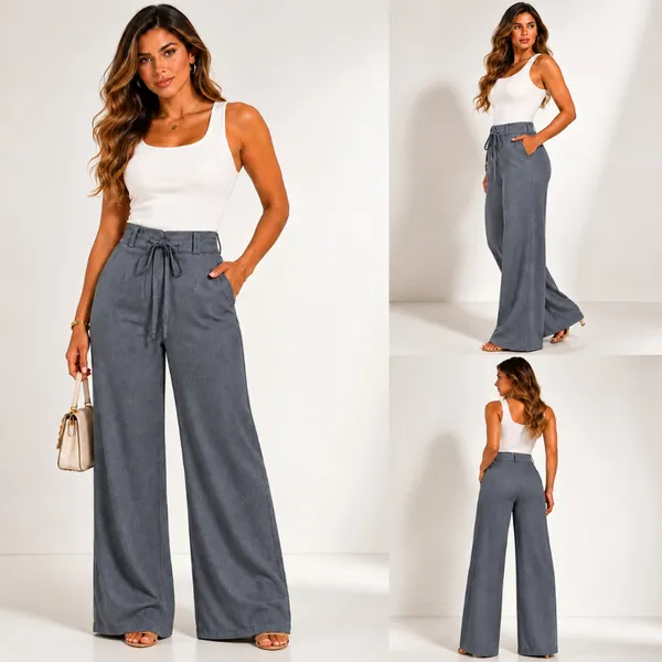 Calça Pantalona Feminina Alfaiataria Cintura Alta Wide Leg  Com Bolso Social Feminina com Cordão na Cintura