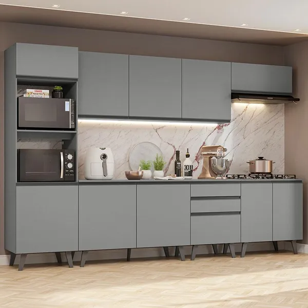 Armário de Cozinha Completa 320cm Cinza Nice Madesa 06