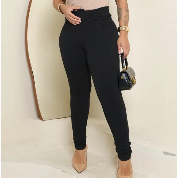 Calça Feminina Skinny Malha Crepe com Cinto Forrado Cintura Alta com Bolso
