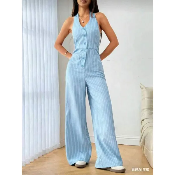 Macacão Feminino Halter Listrado Botões Calça Larga Alfaiataria macacão com botões macacão calça larga macacão longo