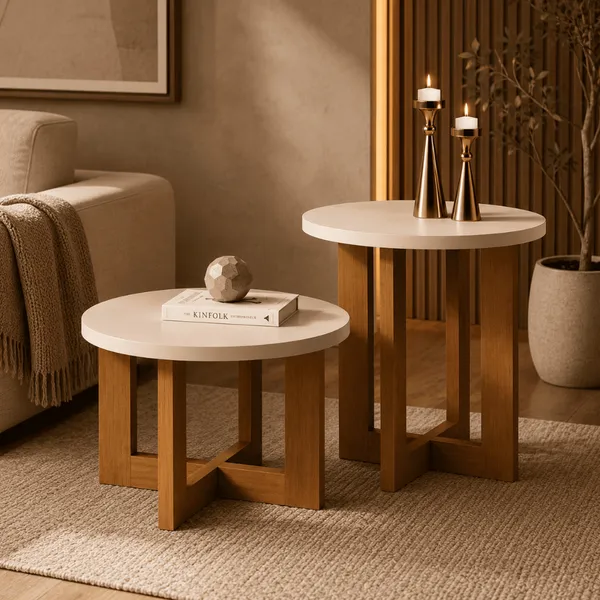 Conjunto com 1 Mesa Lateral e 1 Mesa De Centro Redonda Madeira Estilo Retrô Sala De Estar Decoração
