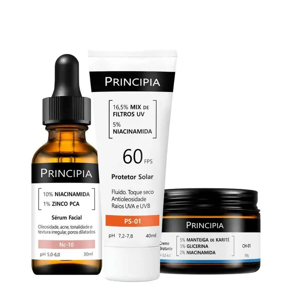 Principia Kit Uniformiza, Hidrata e Protege c/ Sérum Niacinamida NC-10 + Hidratante CH-01 + Protetor Solar PS-01 FPS 60