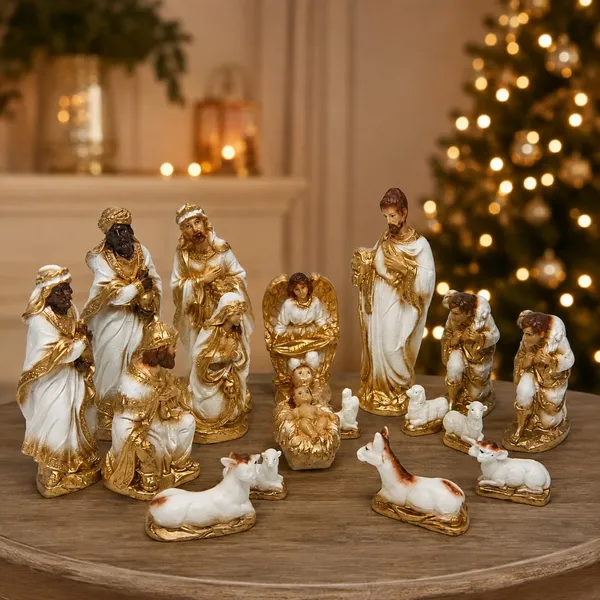 Kit Presépio De Natal Gesso Decoração 15 Peças Completo 20cm