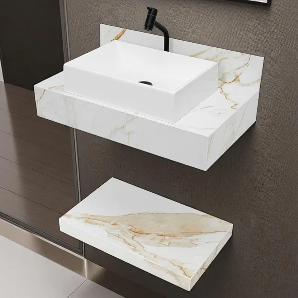 Kit Completo Bancada Cuba Sobreposta Banheiro Calacata Premium em Porcelanato
