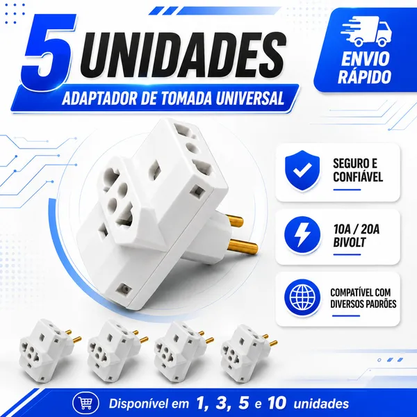 Adaptador de Tomada Benjamin 10A Pino Maciço T Resistente plug Tripolar universal 110/220v bivolt