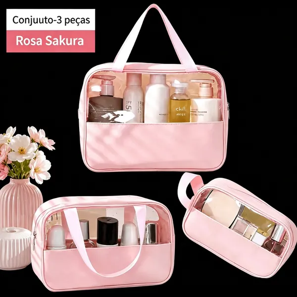Kit 3 Bolsas Necessaire Feminina PU Transparente Impermeável 3 Tamanhos Maquiagem com Alça para Viagem Hotel Academia