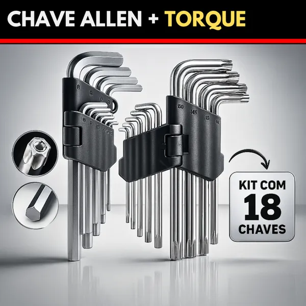 Jogo de Chave Torx + Jogo Allen Curta Kit com 18 Peças T10 a T50