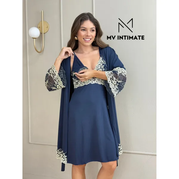 Kit Robe e Camisola Amamentação em Microfibra Light com Renda Bicolor