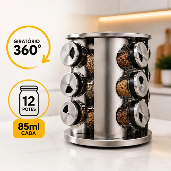 Porta Condimentos INOX 12 Potes Vidro Base 360° Cozinha Giratório Premium Tempero Restaurante