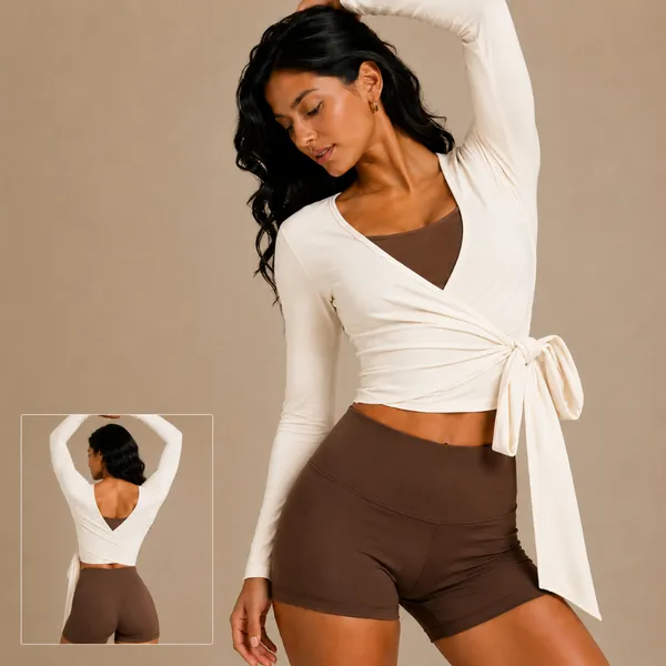 Casaquinho Feminino Cropped de Amarração Transpassado Manga Longa Ballet Fitness Academia Yoga Pilates