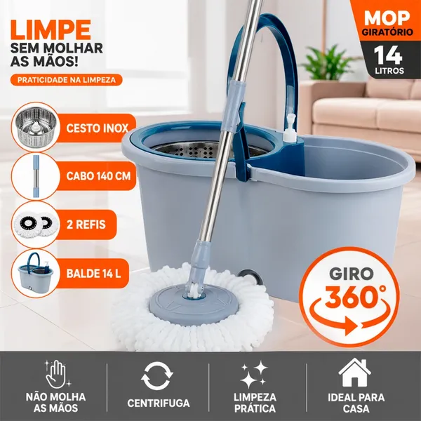 Mop Giratorio Com cabo de 140 Cm Cesto Em Inox 2 Refis - Balde com Centrífuga 14L e Cabo Reforçado