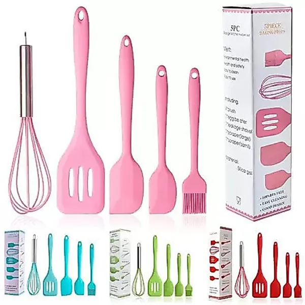 Kit 5 Peças Utensílios de Cozinha Silicone – Colher, Espátula, Fouet, Espátula Pequena e Pincel