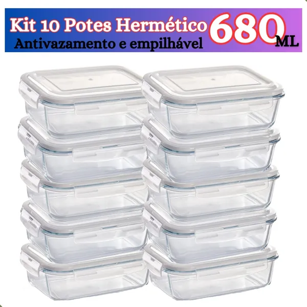 Kit de 6 até 12 Potes de Vidro 640ml e 370ml Herméticos para Marmita Fit com Tampa 4 Travas Premium