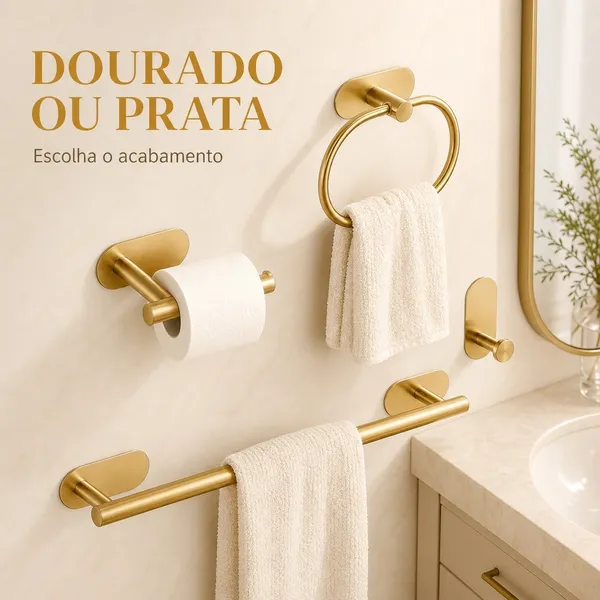 Conjunto de Banheiro com Toalheiro, Porta-Papel e Ganchos, Instalação Adesiva em Dourado ou Prata