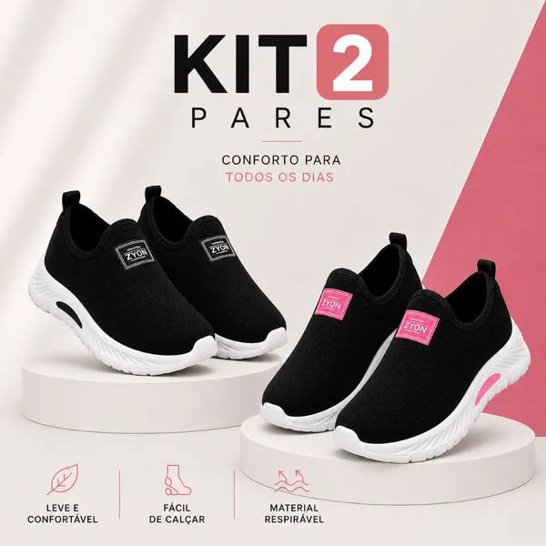 Kit 2 Pares Tenis Meia Slip On Confortavel Antiderrapante Leve Macio Calce Facil Academia Dia a Dia
