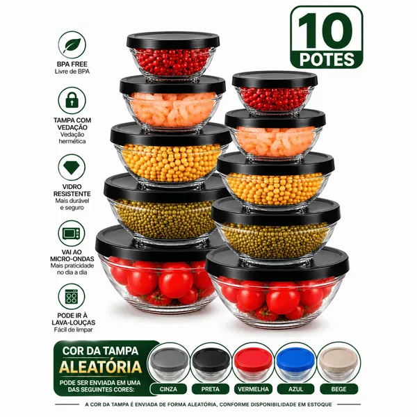 Kit De Potes 10 Peças Tigelas Bowl De Vidro Organizadores De Cozinha Hermeticos Armazenamento