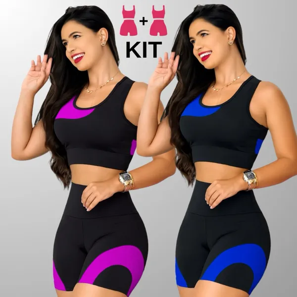 Kit 2 Conjuntos Academia Feminina – Top + Short Cintura Alta e Modeladora