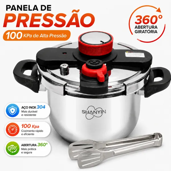 Panela de Pressão Inox 304 6 e 10 Litros 100kPa Cozinha Rápida para Indução e Gás com Pinça para alimentos Inox