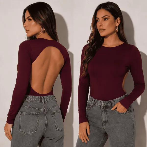 Body Feminino Manga Longa Costas Aberta Elegante Confortável Suplex Premium Forrado