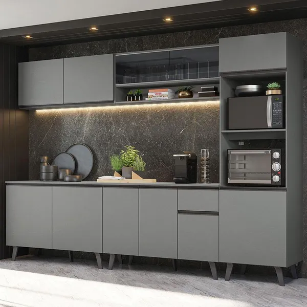 Armário de Cozinha Completa 300cm ​Cinza Nice Madesa 01