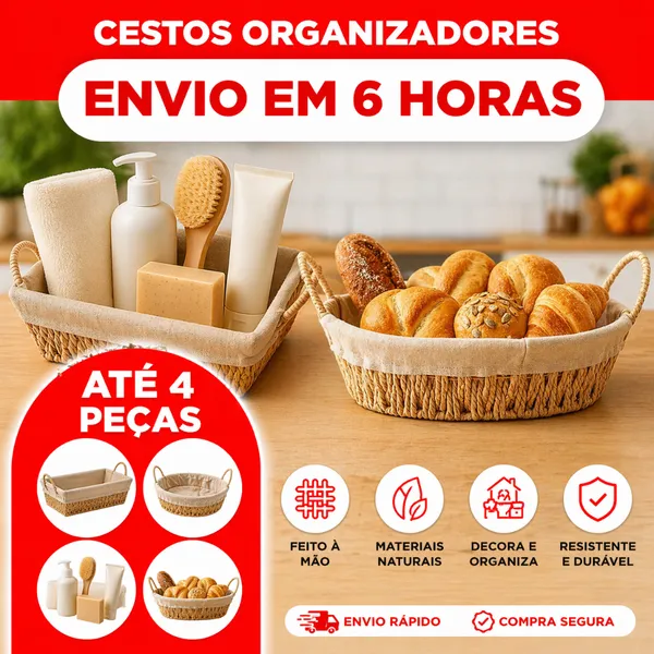 Cesta Retangular com Alça em Papel Forro em Tecido Wolff Organizador Porta Pão Mesa Posta Bege Café