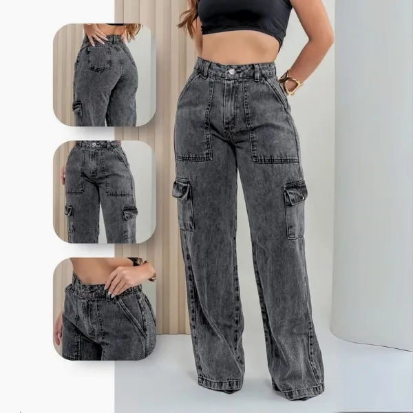 Calça Cargo Feminina Jeans Bolso Lateral Wid Leg 34 ao 44 Pantalona Cintura Alta