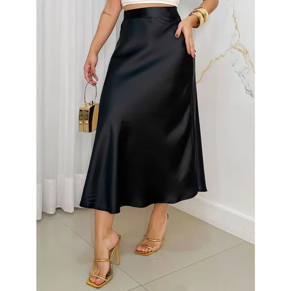 EMILI Saia Midi De Cetim Feminina Casual De Cintura Alta -9381