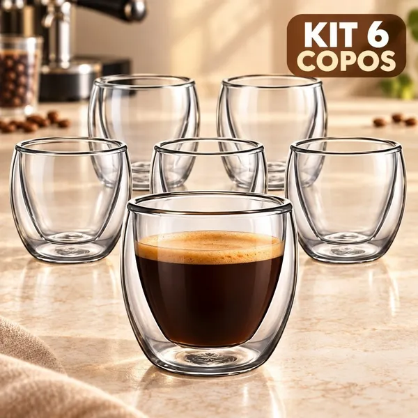 Kit 6 Copos de Vidro Parede Dupla 80ml para Café Espresso e Chá Sem Alça