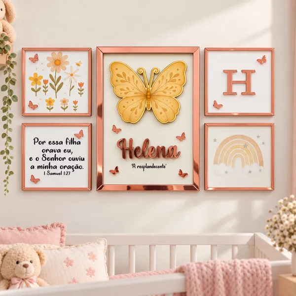 Kit 5 Quadros Decorativos Tema Borboleta com Nome e Versículo - Decoração Quarto Bebê Menina