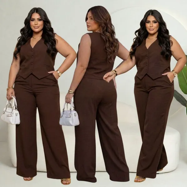 Conjunto Feminino Plus Size Colete e Calça Alfaiataria Pantalona Tecido Marrant Elegante 2 Peças Social